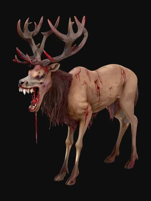 3D model for #Halloween2025#it a wendigo type deer whit long sharp teeth and long sharp claws walking on 2 legs whit blood in his mouth and his antlers