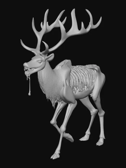 3D model for #Halloween2025#it a wendigo type deer whit long sharp teeth and long sharp claws walking on 2 legs whit blood in his mouth and his antlers and it is walking on 2 legs whit bones on his body