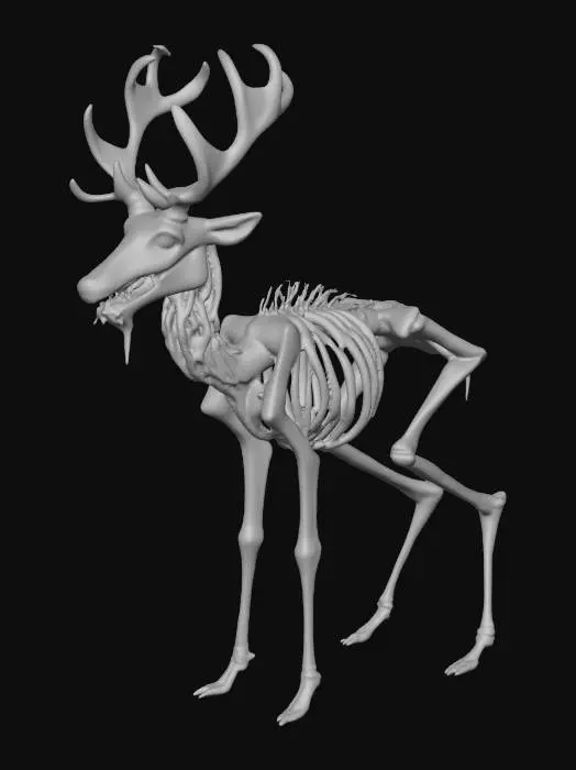 3D model for #Halloween2025#it a wendigo type deer whit long sharp teeth and long sharp claws walking on 2 legs whit blood in his mouth and his antlers and it is walking on 2 legs whit bones on his body