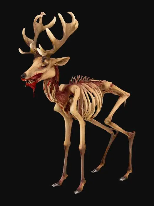 3D model for #Halloween2025#it a wendigo type deer whit long sharp teeth and long sharp claws walking on 2 legs whit blood in his mouth and his antlers and it is walking on 2 legs whit bones on his body