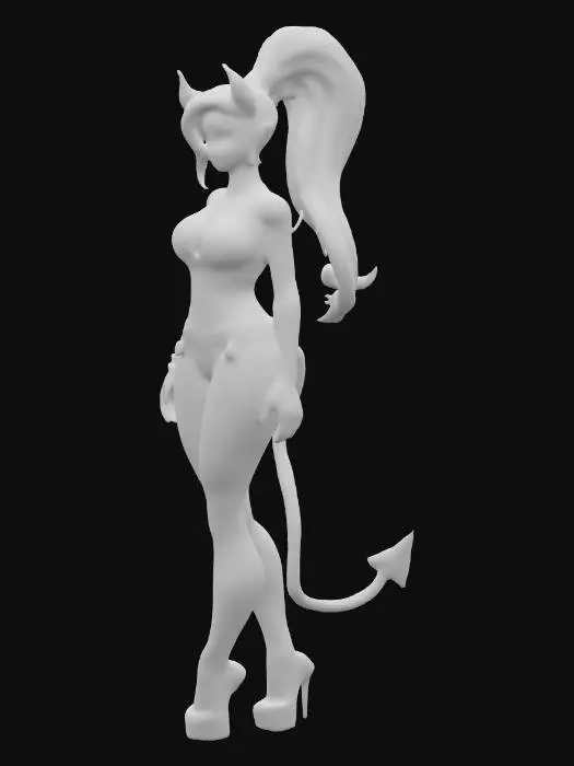 3D model for A tall and slender, model like, adult female character of demonic traits with smooth, light brown skin, striking and bit slanted eyes, and long, flowing purple hair tied into a high ponytail. Big breast and curvy thighs. Has curved blue horns emerging from sides of her head, above pointed ears with delicate pink earrings. Adorned in a revealing lavender V shaped bikini. Waist has a pink thick belt that has attached two pieces of fabric, it wraps around her form, from front to back in crossing pattern, featuring pink trim and golden ribbon accents. She wears purple platform high heels with a glossy finish and a long, thin blue demon tail with a pointed tip.
