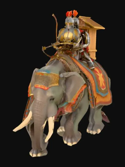 3D model for A fully armored war elephant from the Sassanian Empire, designed in the colorful and stylized style of Age of Empires. 
The elephant is covered in ornate metal and leather armor, with detailed patterns on its head, body, and legs. 
On its back, there is a wooden battle tower (howdah) carrying two armored archers in chainmail and helmets, 
holding composite bows ready to fire. 
The scene should look vibrant, historical, and slightly stylized for a strategy game unit, 
with clear details of the elephant’s armor and the archers’ weapons.