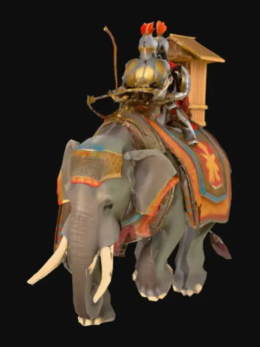 3D model for A fully armored war elephant from the Sassanian Empire, designed in the colorful and stylized style of Age of Empires. 
The elephant is covered in ornate metal and leather armor, with detailed patterns on its head, body, and legs. 
On its back, there is a wooden battle tower (howdah) carrying two armored archers in chainmail and helmets, 
holding composite bows ready to fire. 
The scene should look vibrant, historical, and slightly stylized for a strategy game unit, 
with clear details of the elephant’s armor and the archers’ weapons.