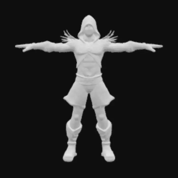 3D model for A humanoid ninja assassin inspired by Noob Saibot from Mortal Kombat, in T-pose. Stylized for a dark fantasy fighting game. Full-body character with lean muscular build. Wearing matte black armor made of layered rough leather, aged metal, and torn dark fabric. Cracked black mask covering the face with glowing blue eyes. Hood partially torn, shoulders armored with angular plates, arms wrapped in tight bindings. Gauntlets spiked, boots reinforced with engraved metal details. Asymmetrical outfit with tactical belts, shredded cloth elements hanging from the waist. High-resolution sculpted textures, realistic anatomy and proportions. Designed for cinematic game character modeling in a dark and gritty tone.