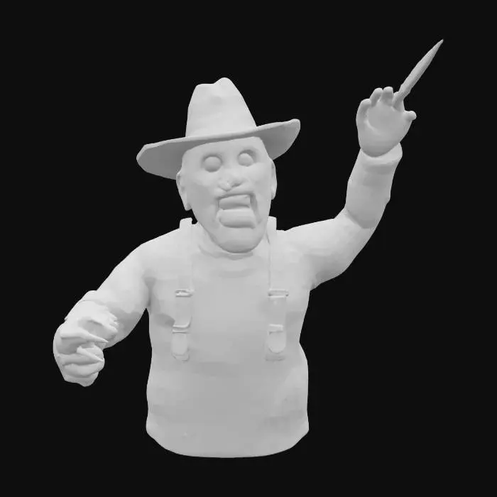 3D model for A hyper-realistic high-resolution 3D model of Freddy Krueger from A Nightmare on Elm Street in a strict T-pose full-body sculpt capturing his burned facial features, iconic fedora, striped sweater and razor-bladed glove, blending photorealism with stylized horror, featuring optimized dense mesh topology, crisp normals, balanced polygon flow for cinematic rendering, detailed normal and displacement maps, accurate UV layout for texture painting, ready for rigging and animation, materials include weathered fabric, aged leather straps, tarnished metal blades, skin shader with burn scars and subtle subsurface scattering, symmetrical anatomy, articulated clothing folds, separate riggable accessories, inspired by Unreal Engine cinematic assets faithful to Wes Craven’s original film tone, and SSS