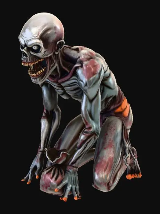 3D model for a scary, black zombie craw, carrying a bag full of candy.