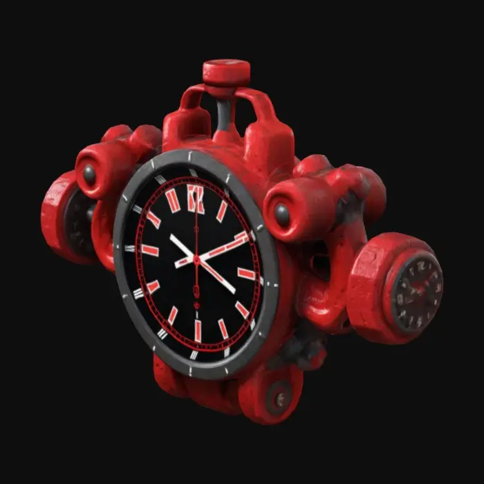 3D model for Generate a powerful Timepiece of Doom in the style of gym textures, but with an anabolic twist. It should have fun and vibrant colors, with a slightly exaggerated and cartoonish design. The hands of the clock are shaped like barbells or flexing arms. The red numbers stand out boldly. The watch face includes gym-themed elements such as dumbbells, kettlebells, and flexed biceps to add charm. #gym#