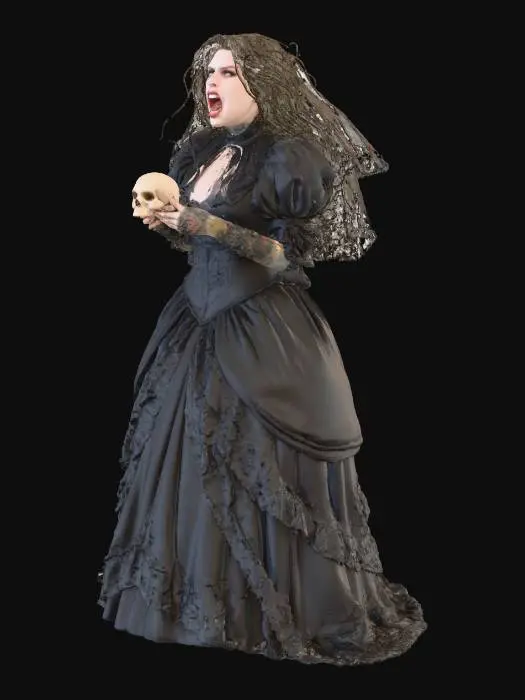 3D model for Generated a full-length 3D model of this person in a dramatic, Gothic pose, looking intensely forward with an open mouth as if screaming, wearing a Victorian textured dark outfit against plain background. Holding a human skull in both hands in front of her. Keep facial resemblance