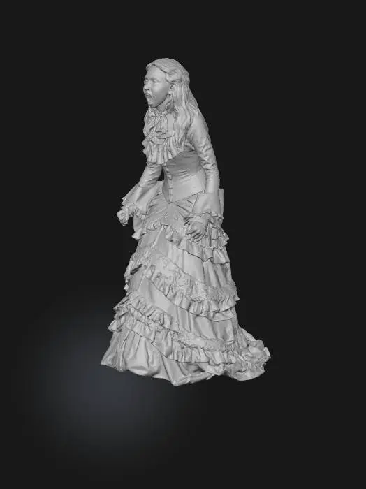 3D model for Generated a full-length 3D model of this person in a dramatic, Gothic pose, looking intensely forward with an open mouth as if screaming, wearing a deeply ruffled and textured dark outfit against plain background. Keep facial resemblance