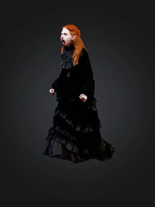 3D model for Generated a full-length 3D model of this person in a dramatic, Gothic pose, looking intensely forward with an open mouth as if screaming, wearing a deeply ruffled and textured dark outfit against plain background. Keep facial resemblance