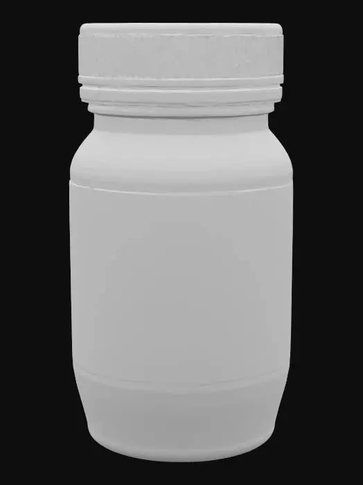 3D model for 一罐大型Skippy品牌花生醬，直筒透明塑膠瓶身。瓶內裝有半滿的淺棕色濃稠花生醬，表面有著明顯的挖取痕跡。瓶身外層貼附著完整的外包裝標籤，標籤底色呈現出雷射般的光澤感，上面清晰印有Skippy的品牌標誌、花生及花生醬的產品示意圖，以及營養成分表格和產品風格文字。瓶口旋著一個不透明的霧面藍色塑膠蓋。