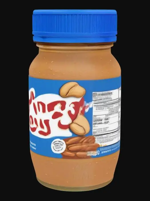 3D model for 一罐大型Skippy品牌花生醬，直筒透明塑膠瓶身。瓶內裝有半滿的淺棕色濃稠花生醬，表面有著明顯的挖取痕跡。瓶身外層貼附著完整的外包裝標籤，標籤底色呈現出雷射般的光澤感，上面清晰印有Skippy的品牌標誌、花生及花生醬的產品示意圖，以及營養成分表格和產品風格文字。瓶口旋著一個不透明的霧面藍色塑膠蓋。