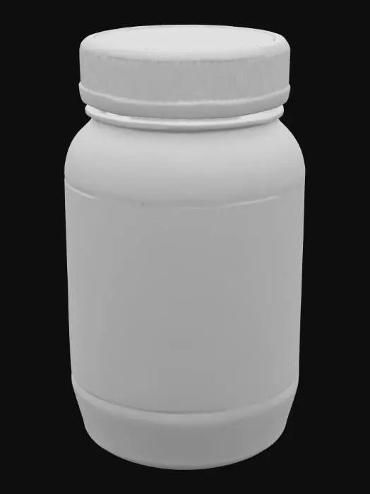 3D model for #PBR#, 一罐大型Skippy品牌花生醬，直筒透明塑膠瓶身。瓶內裝有半滿的淺棕色濃稠花生醬，表面有著明顯的挖取痕跡。瓶身外層貼附著完整的外包裝標籤，標籤底色呈現出雷射般的光澤感，上面清晰印有Skippy的品牌標誌、花生及花生醬的產品示意圖，以及營養成分表格和產品風格文字。瓶口旋著一個不透明的霧面藍色塑膠蓋。