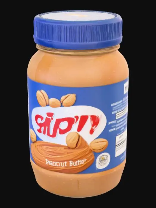 3D model for #PBR#, 一罐大型Skippy品牌花生醬，直筒透明塑膠瓶身。瓶內裝有半滿的淺棕色濃稠花生醬，表面有著明顯的挖取痕跡。瓶身外層貼附著完整的外包裝標籤，標籤底色呈現出雷射般的光澤感，上面清晰印有Skippy的品牌標誌、花生及花生醬的產品示意圖，以及營養成分表格和產品風格文字。瓶口旋著一個不透明的霧面藍色塑膠蓋。