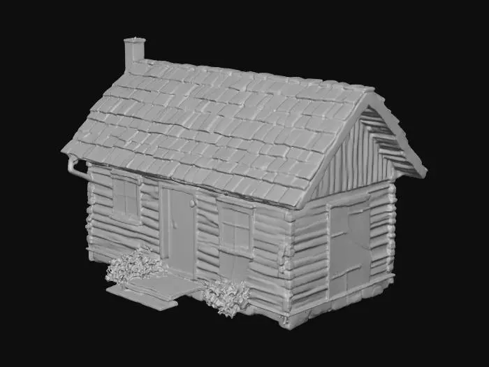 3D model for A Bob Ross painterly inspired weathered red cabin in the wood covered foothills of a mountain range. The cabin is infrequently used, and is being reclaimed by nature. Their are many natural trails leading away from the cabin. It is a clear sunny day. The cabin has a wooden shingled roof and shipboard siding.