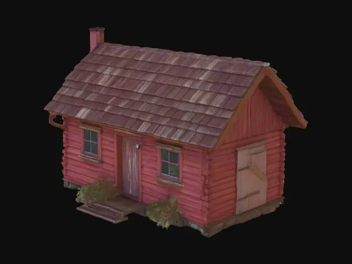 3D model for A Bob Ross painterly inspired weathered red cabin in the wood covered foothills of a mountain range. The cabin is infrequently used, and is being reclaimed by nature. Their are many natural trails leading away from the cabin. It is a clear sunny day. The cabin has a wooden shingled roof and shipboard siding.