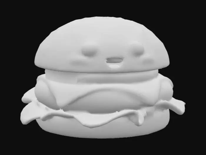 3D model for #food#, A whimsical hamburger, featuring a golden-brown, lightly toasted sesame seed bun that appears soft and pillowy. Inside, a juicy, char-grilled beef patty is topped with vibrant green lettuce, a bright red tomato slice, and a melted slice of yellow cheddar cheese. Two large, cartoonish eyes, with glossy white sclera and dark black pupils, are playfully integrated onto the front bun, giving the hamburger a curious and friendly expression, adding a touch of animated charm.