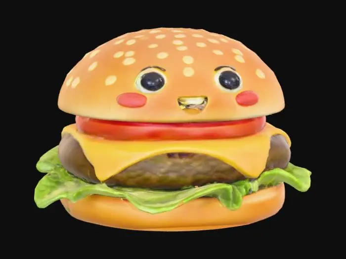 3D model for #food#, A whimsical hamburger, featuring a golden-brown, lightly toasted sesame seed bun that appears soft and pillowy. Inside, a juicy, char-grilled beef patty is topped with vibrant green lettuce, a bright red tomato slice, and a melted slice of yellow cheddar cheese. Two large, cartoonish eyes, with glossy white sclera and dark black pupils, are playfully integrated onto the front bun, giving the hamburger a curious and friendly expression, adding a touch of animated charm.