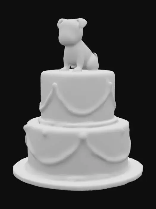 3D model for #food#,A grand, multi-tiered elegant cake, exquisitely decorated with smooth, pristine pink and white fondant. Intricate, delicate gold and light blue filigree piping adorns its surface, interspersed with small, iridescent edible pearls, giving it a luxurious and whimsical appearance. Its robust structure supports a soft, edible texture. Perched gracefully on the very top tier is a charming pug figurine, crafted from glossy, dark chocolate, depicting a sleek, stylized pug with smooth, refined contours. 