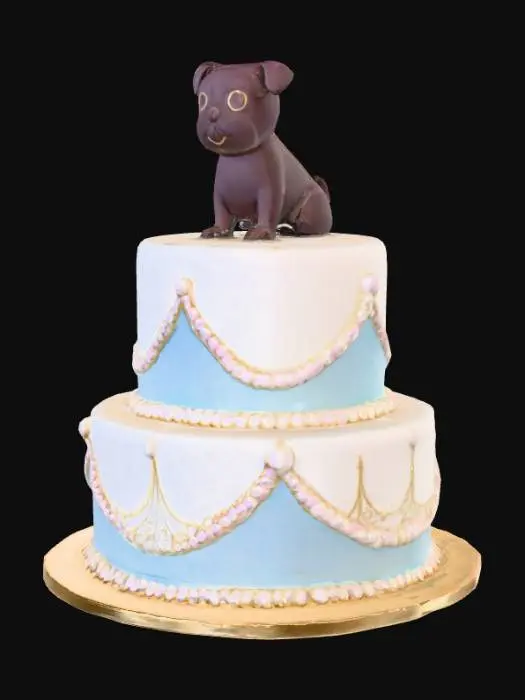3D model for #food#,A grand, multi-tiered elegant cake, exquisitely decorated with smooth, pristine pink and white fondant. Intricate, delicate gold and light blue filigree piping adorns its surface, interspersed with small, iridescent edible pearls, giving it a luxurious and whimsical appearance. Its robust structure supports a soft, edible texture. Perched gracefully on the very top tier is a charming pug figurine, crafted from glossy, dark chocolate, depicting a sleek, stylized pug with smooth, refined contours. 