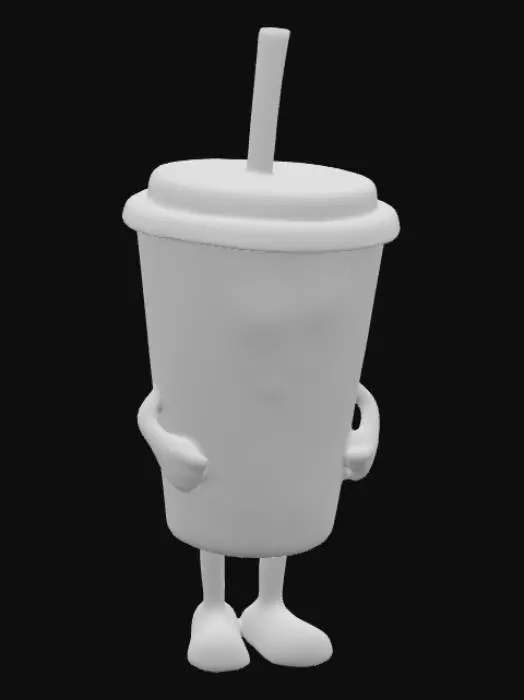 3D model for #food#, A whimsical, vibrant neon green plastic soda cup with a smooth, glossy surface, featuring a friendly, cartoon-like face with large, expressive eyes and a wide, cheerful smile printed on its front. A clear, flexible plastic straw emerges from its top. Small, rounded white plastic hands extend playfully from its sides, while two sturdy, short blue plastic legs protrude from its base. The cup prominently displays "MESHY cola" text in bold, white, bubbly lettering with a slight raised texture.
