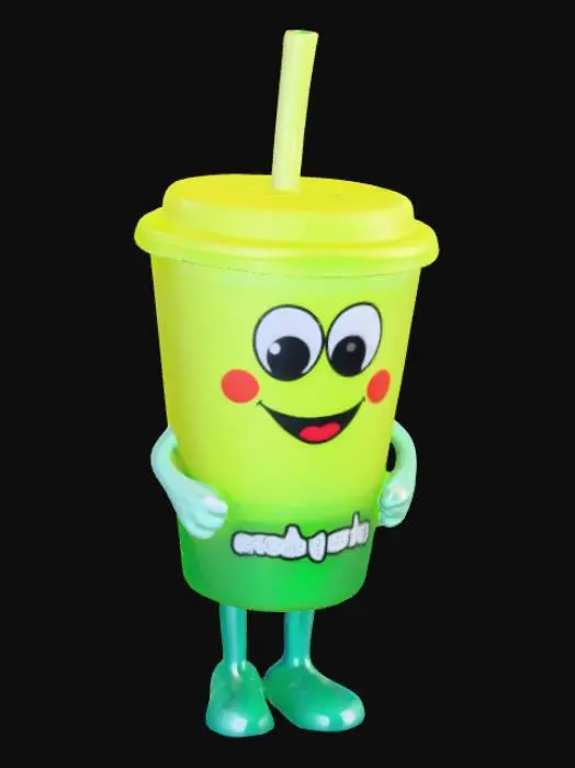 3D model for #food#, A whimsical, vibrant neon green plastic soda cup with a smooth, glossy surface, featuring a friendly, cartoon-like face with large, expressive eyes and a wide, cheerful smile printed on its front. A clear, flexible plastic straw emerges from its top. Small, rounded white plastic hands extend playfully from its sides, while two sturdy, short blue plastic legs protrude from its base. The cup prominently displays "MESHY cola" text in bold, white, bubbly lettering with a slight raised texture.