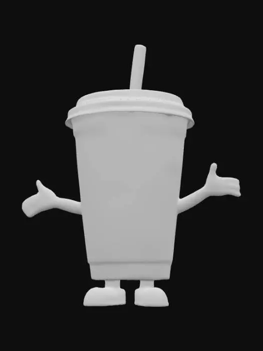 3D model for #food#, A whimsical, vibrant neon green plastic soda cup with a smooth, glossy surface, featuring a friendly, cartoon-like face with large, expressive eyes and a wide, cheerful smile printed on its front. A clear, flexible plastic straw emerges from its top. Small, rounded white plastic hands extend playfully from its sides, while two sturdy, short blue plastic legs protrude from its base. The cup prominently displays "MESHY cola" text in bold, white, bubbly lettering with a slight raised texture.