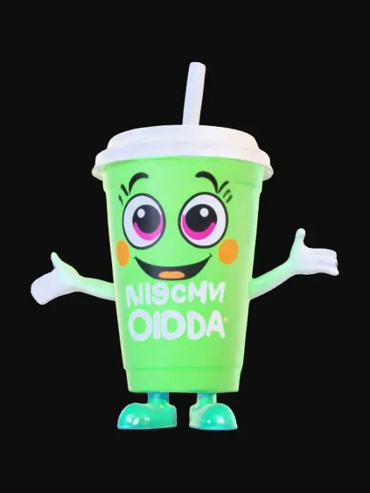 3D model for #food#, A whimsical, vibrant neon green plastic soda cup with a smooth, glossy surface, featuring a friendly, cartoon-like face with large, expressive eyes and a wide, cheerful smile printed on its front. A clear, flexible plastic straw emerges from its top. Small, rounded white plastic hands extend playfully from its sides, while two sturdy, short blue plastic legs protrude from its base. The cup prominently displays "MESHY cola" text in bold, white, bubbly lettering with a slight raised texture.