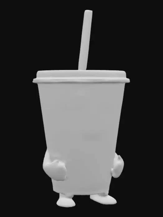 3D model for #food#, A whimsical, vibrant neon green plastic soda cup with a smooth, glossy surface, featuring a friendly, cartoon-like face with large, expressive eyes and a wide, cheerful smile printed on its front. A clear, flexible plastic straw emerges from its top. Small, rounded white plastic hands extend playfully from its sides, while two sturdy, short blue plastic legs protrude from its base. The cup prominently displays "MESHY cola" text in bold, white, bubbly lettering with a slight raised texture.