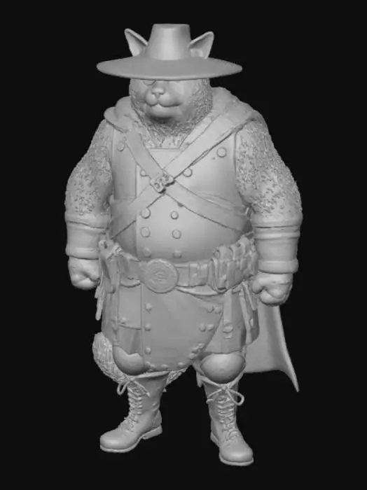 3D model for #villain#, epic villain, overweight ultra fat cat, ginger fur, green eye, wearing eyepatch, combat armor, combat boots. intricate belt. black big rimmed hat,