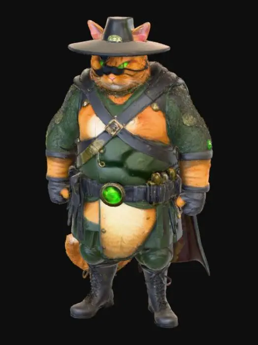 3D model for #villain#, epic villain, overweight ultra fat cat, ginger fur, green eye, wearing eyepatch, combat armor, combat boots. intricate belt. black big rimmed hat,