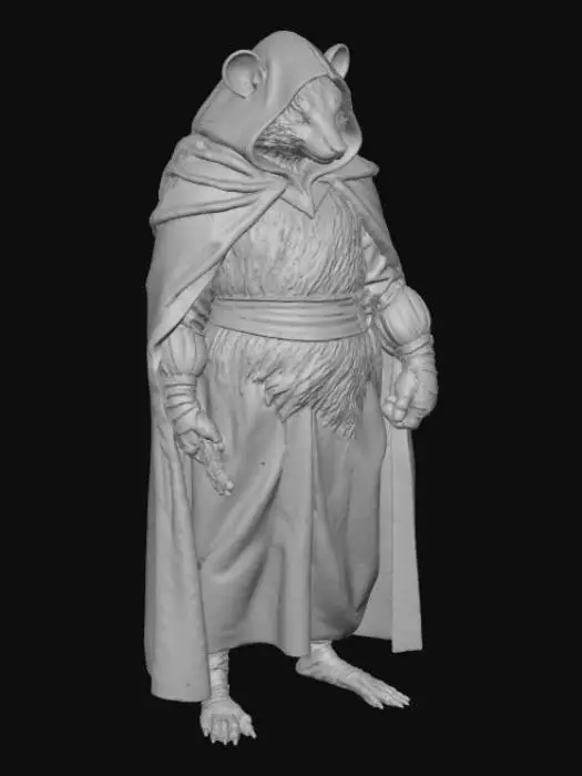 3D model for #villain#, ultra fat black rat, wearing long dark brown hooded cloak, boots. red light saber.