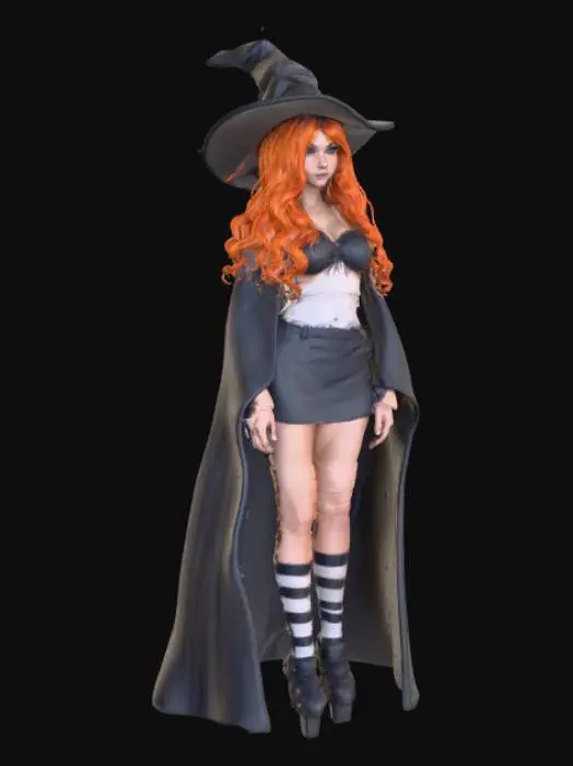 3D model for #Halloween2025#, A 25yo woman witch, hyper-realistic, ultra realistic textures, ultra detailed, adult, realistic, 25yo, Ultra fine details. Long wavy vibrant orange hair with bangs. Black and white horizontal striped thighhigh socks. Black Witch hat. short Black witch robe and cape. Vibrant blue eyes. Short black skirt. white crop top. realistic style.