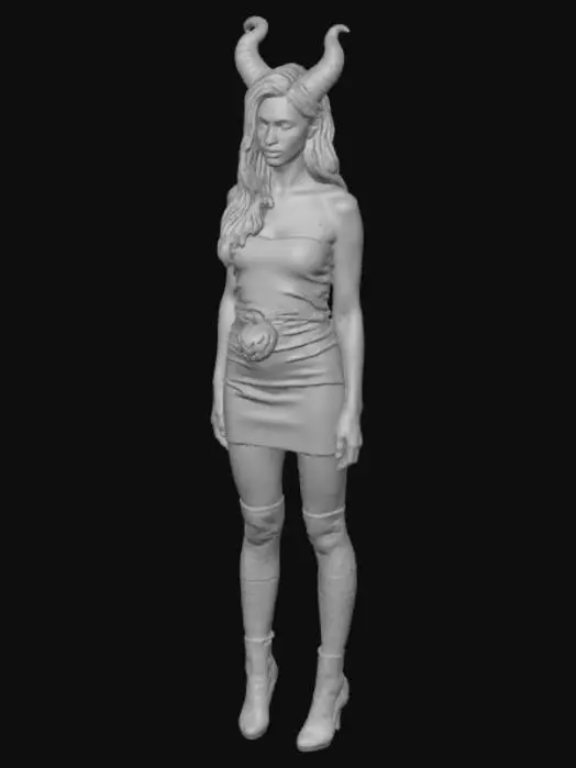 3D model for #Halloween2025#, A 25yo woman, hyper-realistic, ultra realistic textures, ultra detailed, adult, realistic, 25yo, Ultra fine details. Long jet black hair with bangs, big horns haircut. Smoky eyes. Dark makeup. pale skin. Black and white horizontal striped thighhigh socks. green eyes. Short strapless black pencil dress, orange halloween pumpking belt buckle. realistic style. not cartoonish. Photorealistic,