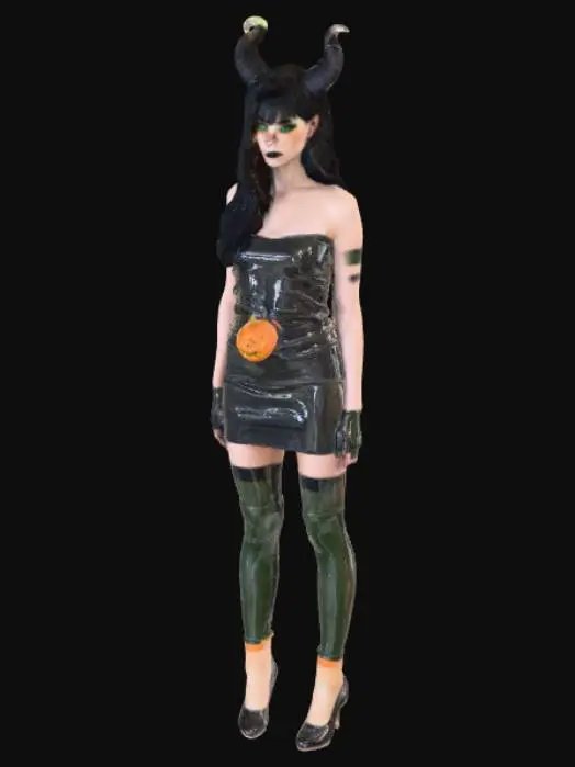 3D model for #Halloween2025#, A 25yo woman, hyper-realistic, ultra realistic textures, ultra detailed, adult, realistic, 25yo, Ultra fine details. Long jet black hair with bangs, big horns haircut. Smoky eyes. Dark makeup. pale skin. Black and white horizontal striped thighhigh socks. green eyes. Short strapless black pencil dress, orange halloween pumpking belt buckle. realistic style. not cartoonish. Photorealistic,