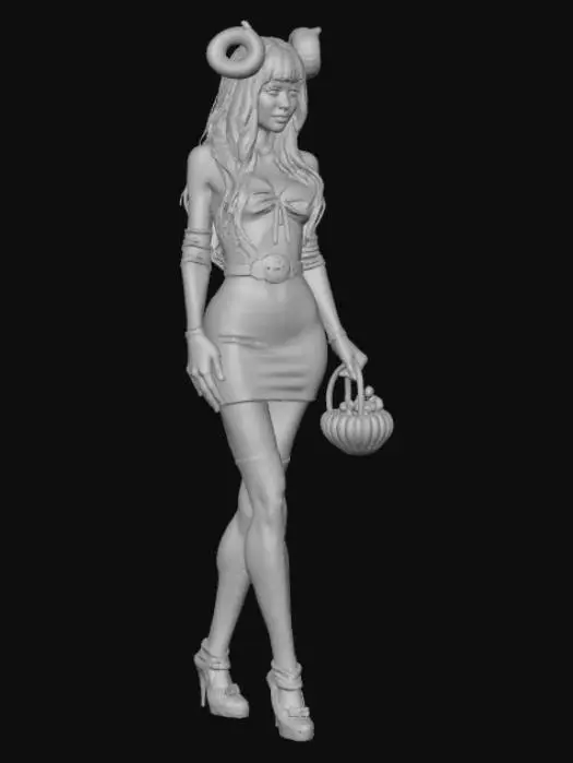 3D model for #Halloween2025#, A 25yo woman, hyper-realistic, ultra realistic textures, ultra detailed, adult, realistic, 25yo, Ultra fine details. Long jet black intricate upwards haircut looking like big horns. Smoky eyes. Dark makeup. pale skin. Black and white black thighhigh stockings. holding a basket of candies. green eyes. Short strapless black pencil dress, orange halloween pumpking belt buckle. realistic style. not cartoonish. Photorealistic, black long gloves. red lipstick.