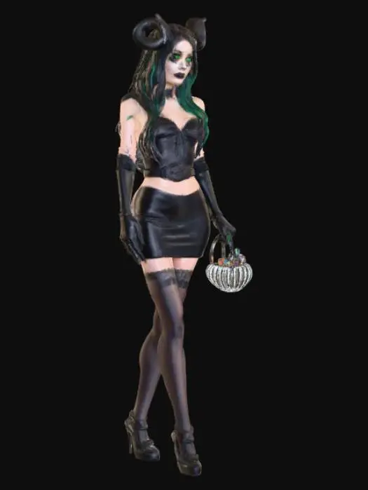 3D model for #Halloween2025#, A 25yo woman, hyper-realistic, ultra realistic textures, ultra detailed, adult, realistic, 25yo, Ultra fine details. Long jet black intricate upwards haircut looking like big horns. Smoky eyes. Dark makeup. pale skin. Black and white black thighhigh stockings. holding a basket of candies. green eyes. Short strapless black pencil dress, orange halloween pumpking belt buckle. realistic style. not cartoonish. Photorealistic, black long gloves. red lipstick.