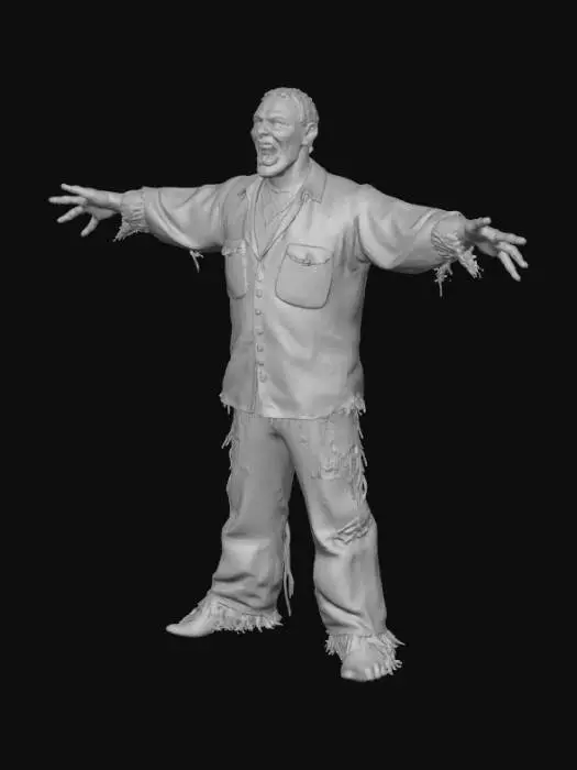 3D model for #Halloween2025#, a zombie scarecrow, ragged clothes, big round glasses, dirty ultra long orange tie, t-pose, jack'o lantern shirt, funny,