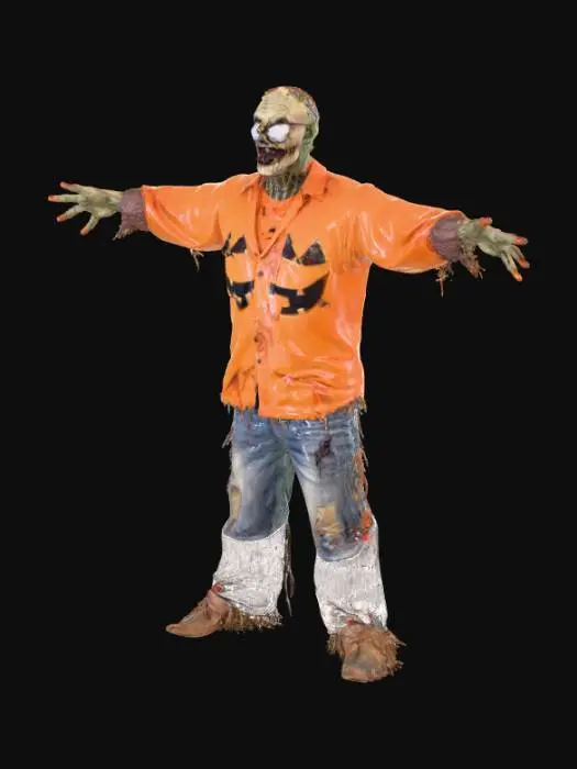 3D model for #Halloween2025#, a zombie scarecrow, ragged clothes, big round glasses, dirty ultra long orange tie, t-pose, jack'o lantern shirt, funny,