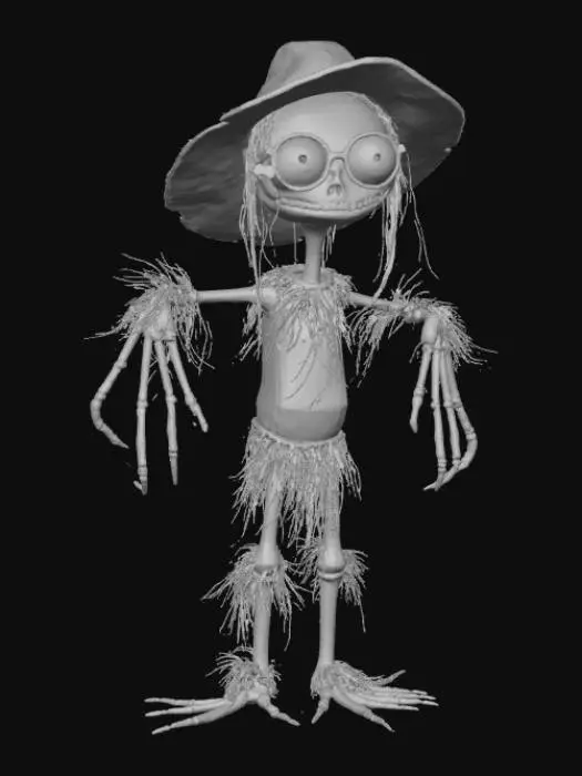 3D model for #Halloween2025#, a zombie scarecrow, ragged clothes, big round glasses, dirty ultra long orange tie hanging around his neck, t-pose, jack'o lantern shirt, funny, large brimmed worn panama hat, a crow on his shoulder,
