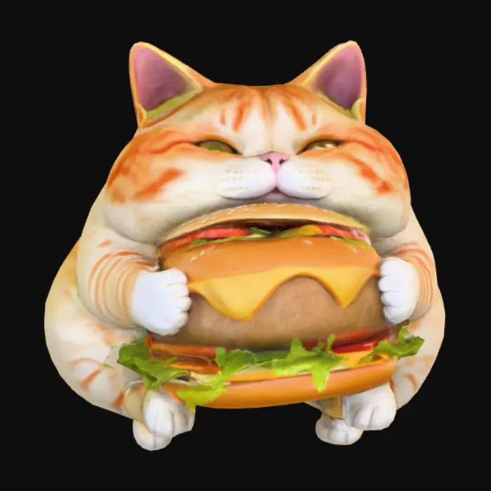 3D model for #food#, chubby fat cat munching giant hamburger