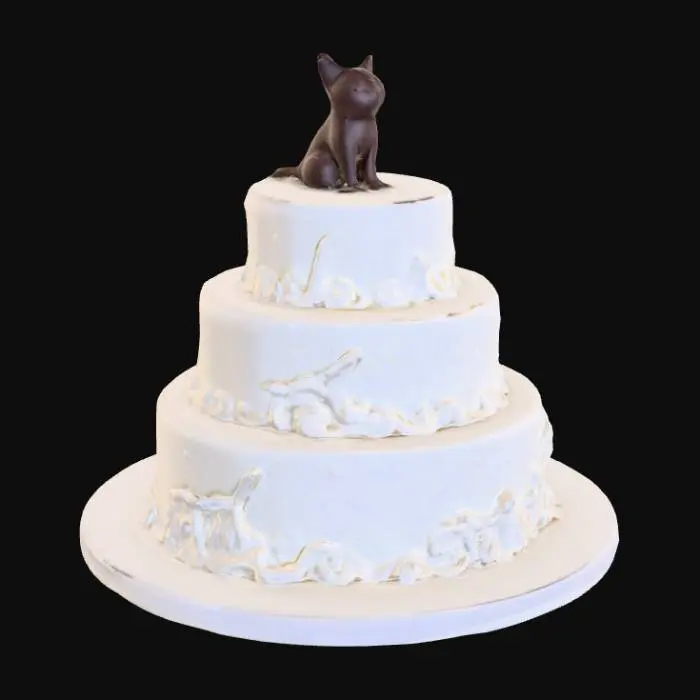 3D model for #food#, A grand, multi-tiered elegant cake, exquisitely decorated with smooth, pristine white fondant and intricate, delicate silver filigree piping. Its robust structure supports a soft, edible texture. Perched gracefully on the very top tier is a charming cat figurine, crafted from glossy, dark chocolate, depicting a sleek, stylized cat with smooth, refined contours, giving the entire confection a luxurious and whimsical appearance.