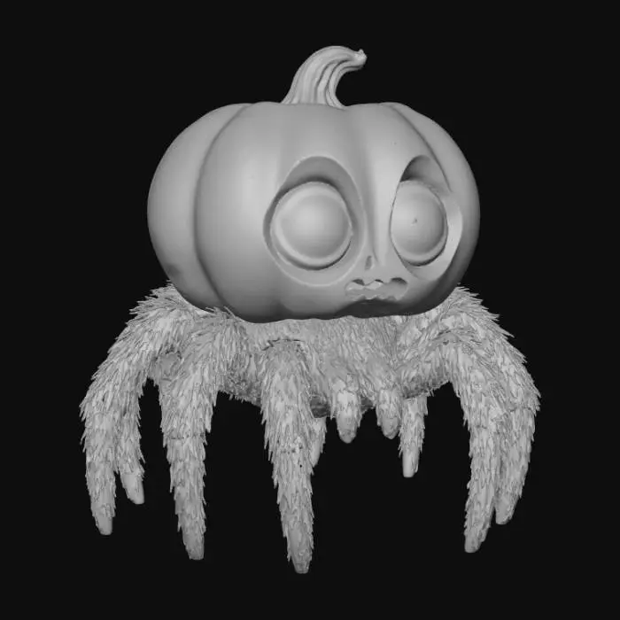 3D model for #Halloween2025#, cute halloween spider, hairy, funny, big eyes, wearing a pumpkin helmet,