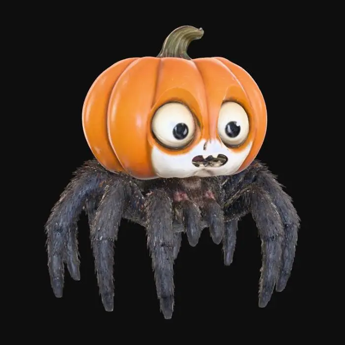 3D model for #Halloween2025#, cute halloween spider, hairy, funny, big eyes, wearing a pumpkin helmet,