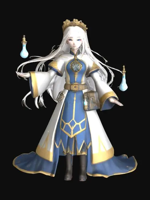 3D model for Seraphine Gearlight vereint erhabene Anmut mit technomagischer Macht. Sie wirkt wie eine Hohepriesterin eines vergessenen Ordens, der Wissenschaft und Glaube verschmolzen hat. Ihre Erscheinung ist edel, fast überirdisch – doch durchzogen von Zahnrädern, Leuchtphiole und archaischer Mechanik.