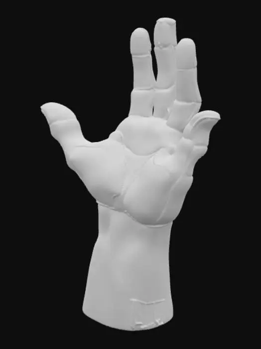 3D model for "A detailed 3D model of a human hand and forearm in a futuristic neon wireframe style. The model should have glowing cyan contour lines forming the structure of the hand and arm, creating a holographic digital look. The fingers must be fully rigged and movable with realistic joints for animation. The hand should be open with the palm facing slightly upward. The overall design should be smooth, symmetrical, and evenly wrapped in glowing curved lines. Output as a clean, rigged, and animatable 3D mesh."