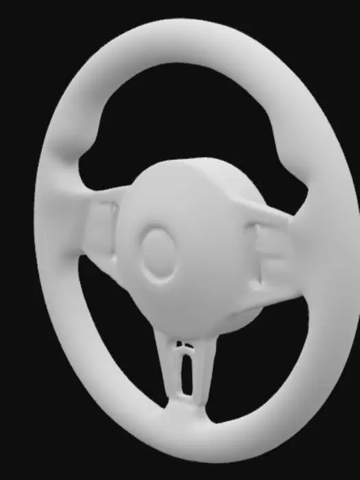 3D model for A robust, circular driving wheel, its rim crafted from a smooth, polished black plastic with a subtle matte finish, providing a firm, tactile grip. The central hub is composed of brushed metallic spokes, possibly aluminum or steel, extending outwards to meet the ergonomic rim. There are small, subtle indentations on the inner side of the rim for finger placement, suggesting a comfortable, controlled feel.