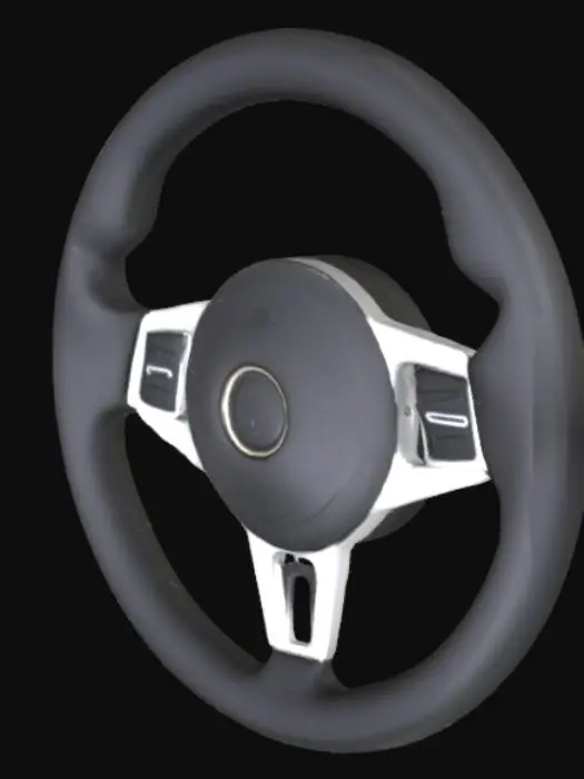 3D model for A robust, circular driving wheel, its rim crafted from a smooth, polished black plastic with a subtle matte finish, providing a firm, tactile grip. The central hub is composed of brushed metallic spokes, possibly aluminum or steel, extending outwards to meet the ergonomic rim. There are small, subtle indentations on the inner side of the rim for finger placement, suggesting a comfortable, controlled feel.