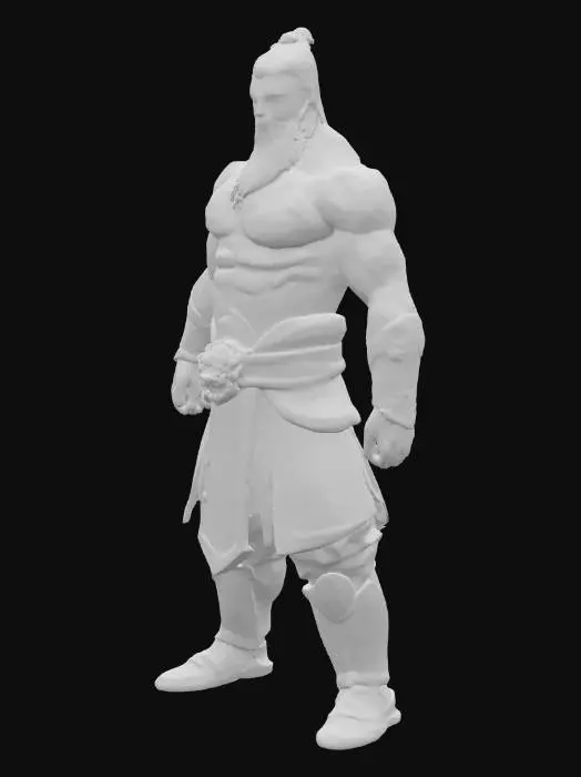 3D model for Guan Yu, 非常逼真，富有细节，全身雕塑是栩栩如生的三国风 , 高光渲染 ,  发光线条勾勒肌肉线条,高对比度 , 强光照明 ,A-pose,[3D] [游戏资产]＃现实＃
