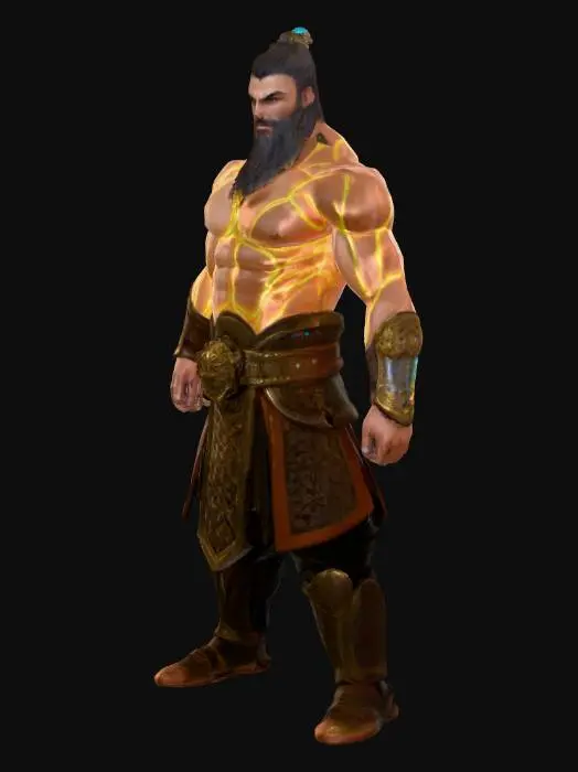 3D model for Guan Yu, 非常逼真，富有细节，全身雕塑是栩栩如生的三国风 , 高光渲染 ,  发光线条勾勒肌肉线条,高对比度 , 强光照明 ,A-pose,[3D] [游戏资产]＃现实＃
